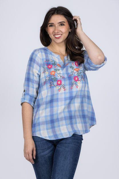 Pretty Coming And Going Women's Embroidered Button Tab Roll Sleeve Top