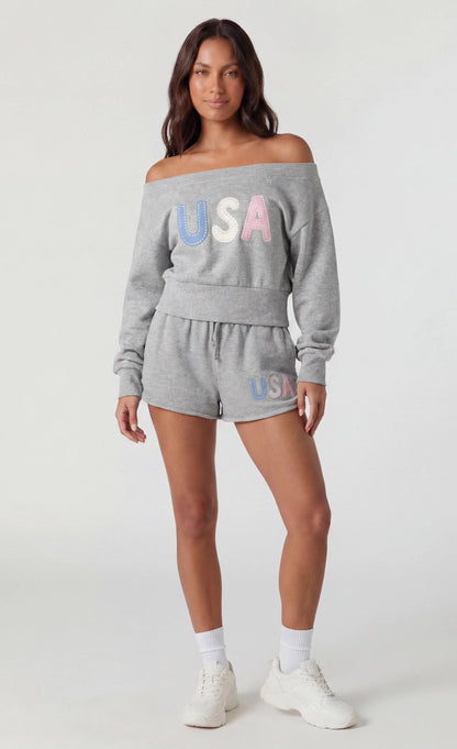 Fleece Graphic Off Shoulder Sweatshirt