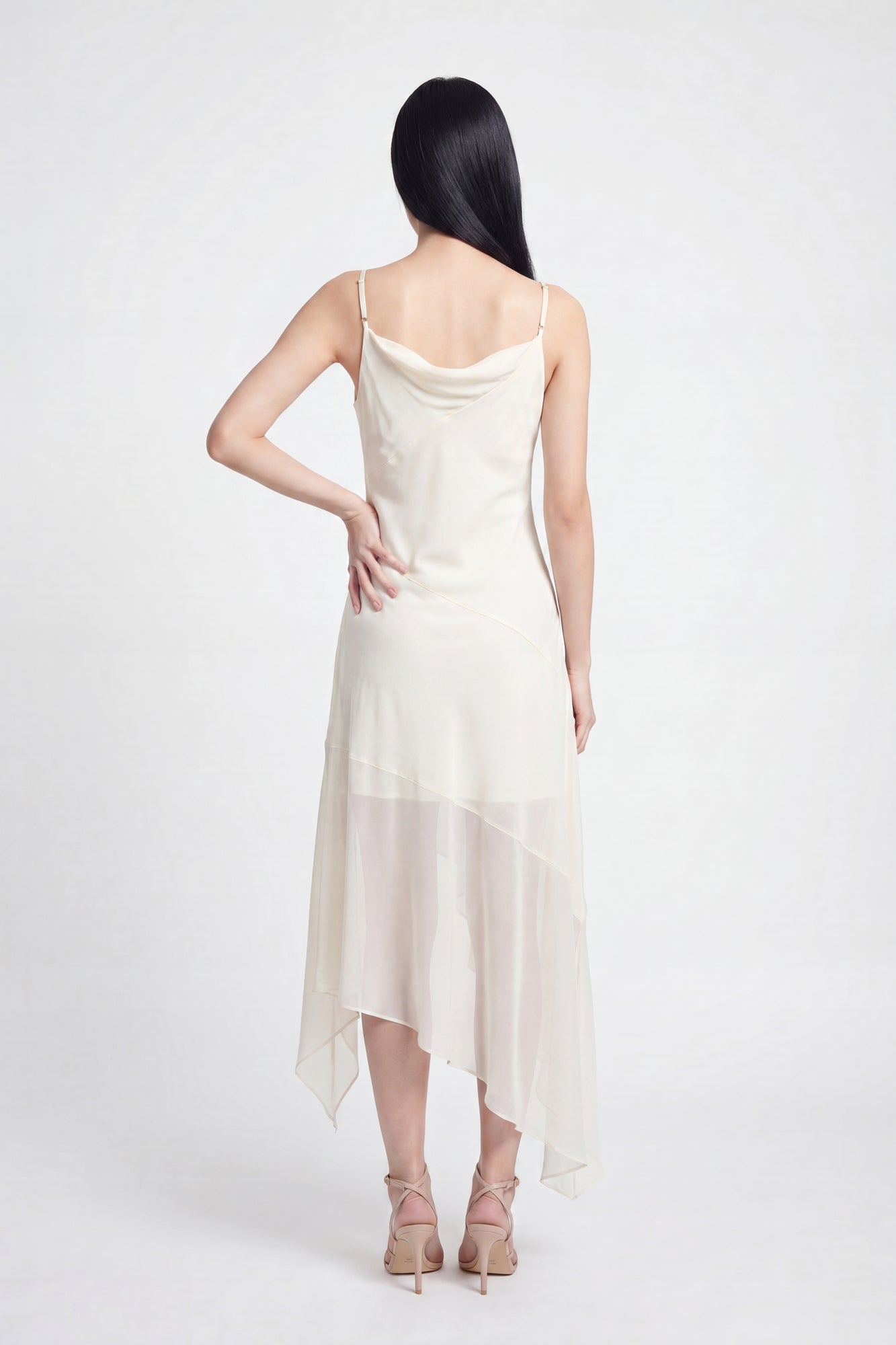 Chiffon Cowl Neck Asymmetrical Midi Dress