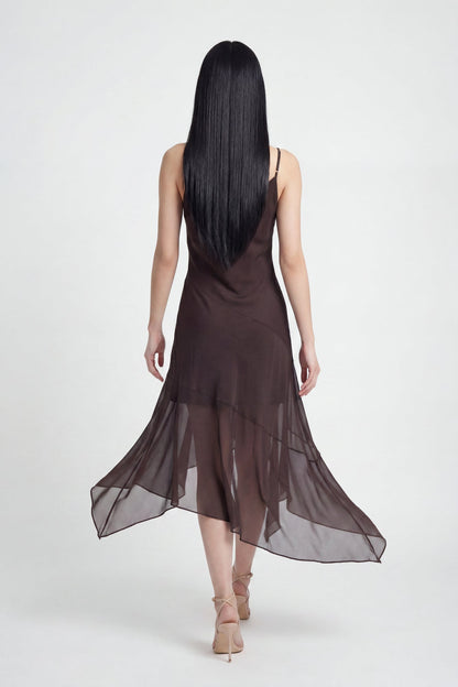 Chiffon Cowl Neck Asymmetrical Midi Dress