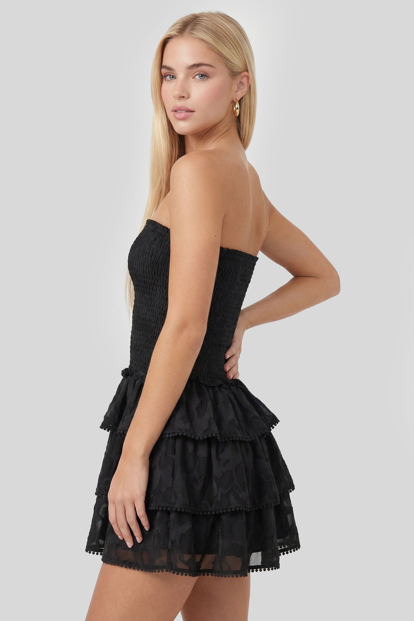 Smocked Ruffle Tiered Strapless Mini Dress