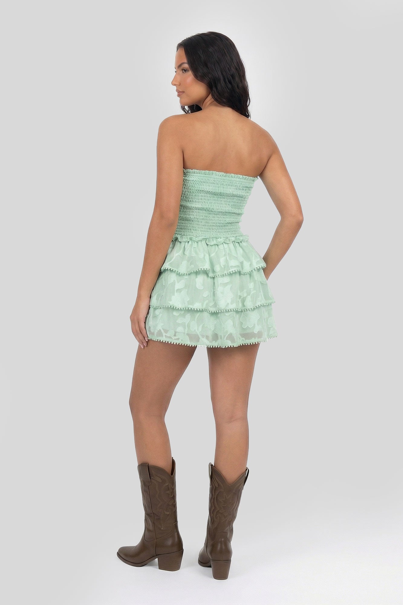 Smocked Ruffle Tiered Strapless Mini Dress