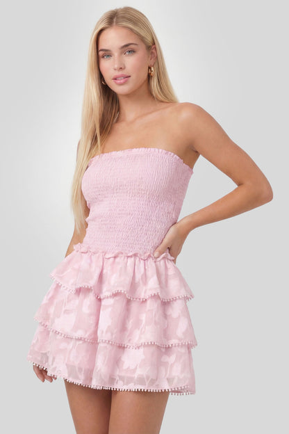 Smocked Ruffle Tiered Strapless Mini Dress
