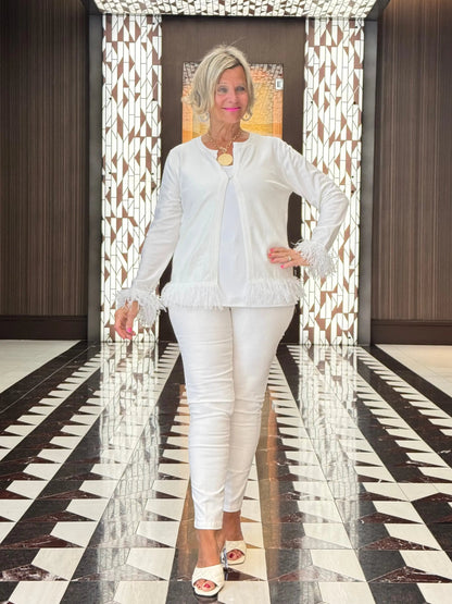 LULU-B WHITE FRINGE FANCY CARDIGAN