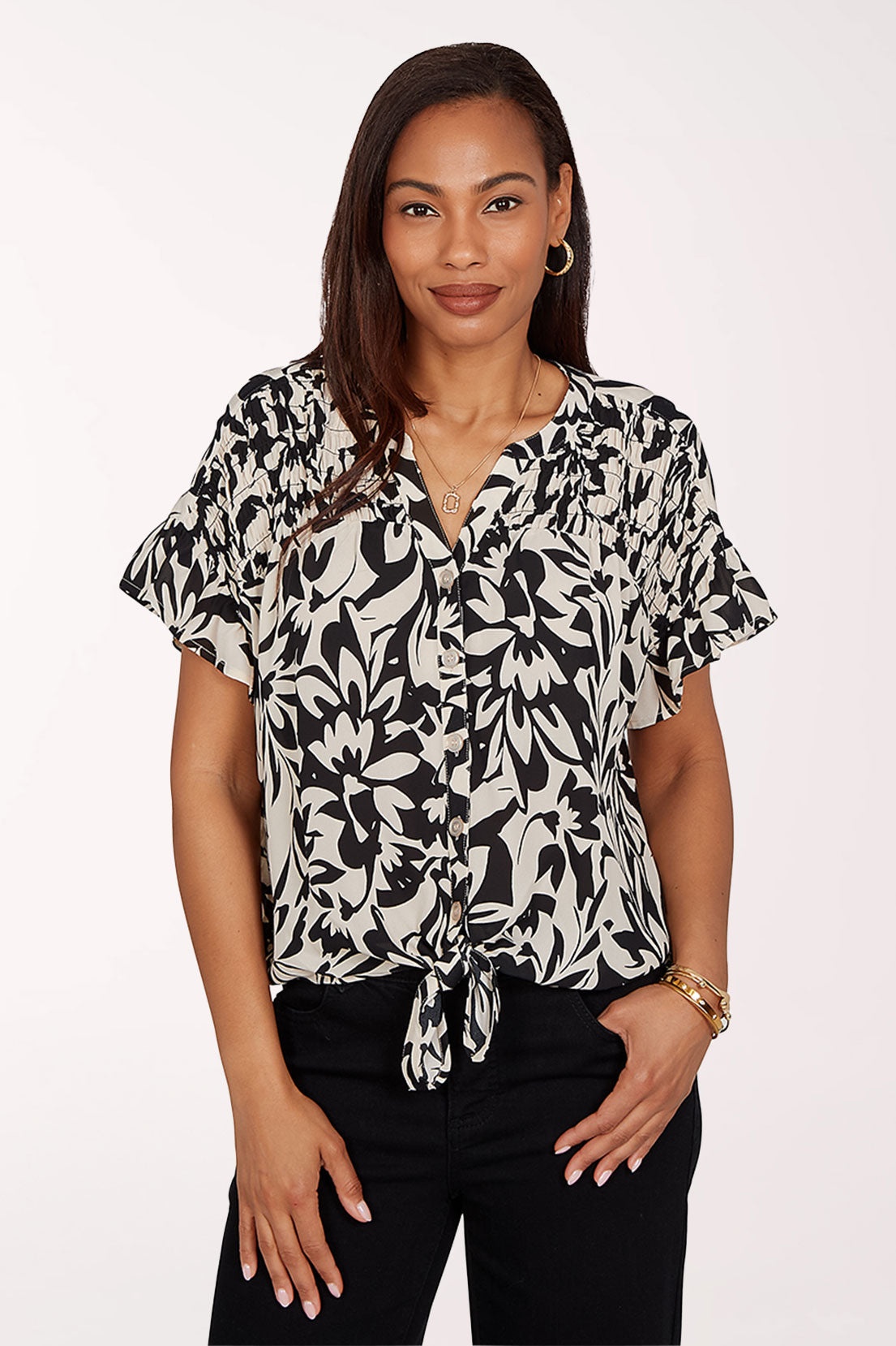 Tropical Noir Smocked Tie-Front Blouse