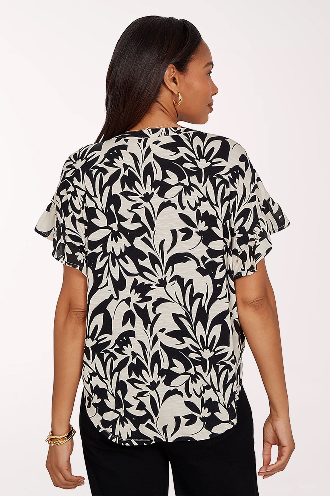 Tropical Noir Smocked Tie-Front Blouse
