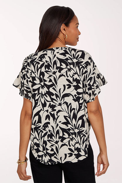 Tropical Noir Smocked Tie-Front Blouse