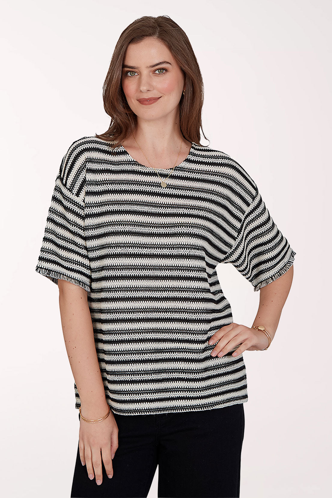 Tropical Noir Fringed Stripe Open Weave Top