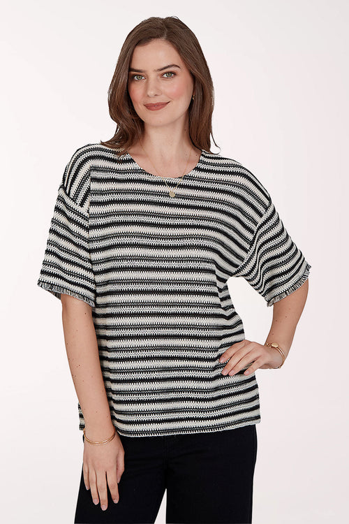 Tropical Noir Fringed Stripe Open Weave Top
