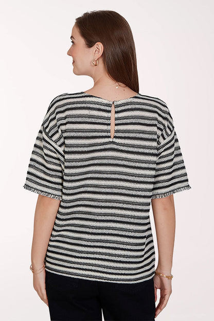 Tropical Noir Fringed Stripe Open Weave Top