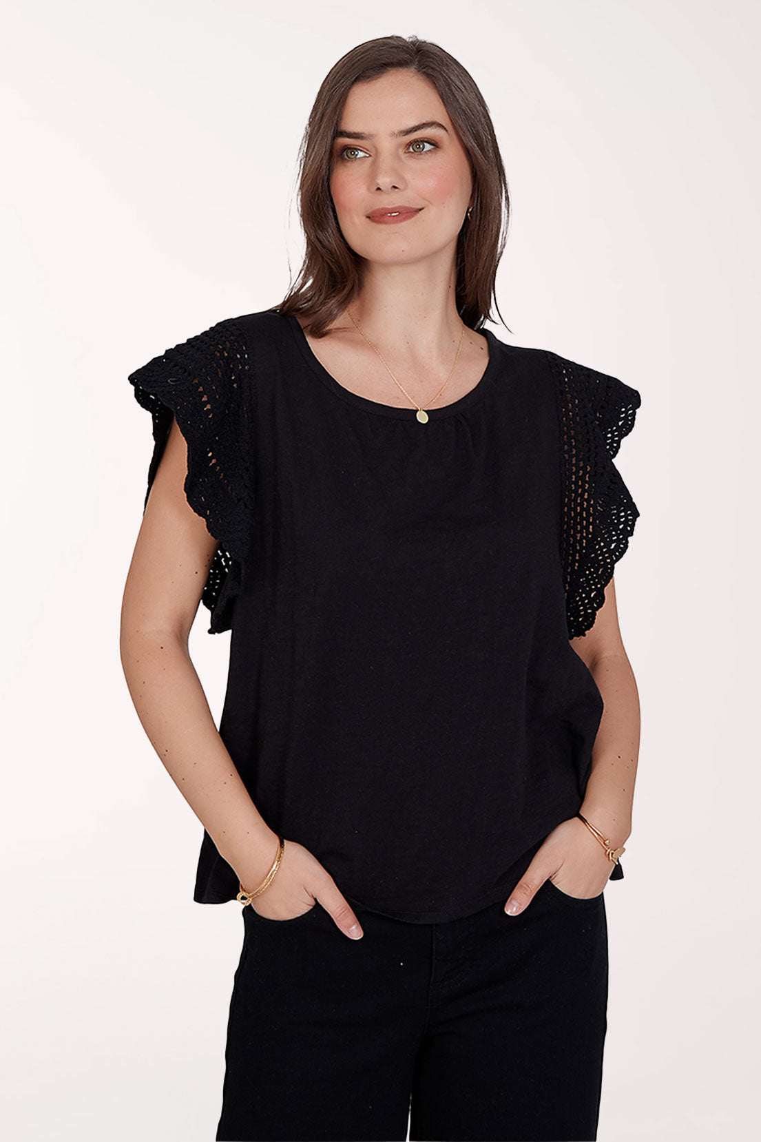 Tropical Noir Ruffled Crochet Sleeve Top