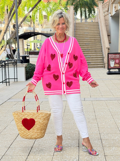 Sequin Patch Happy Hearts Relaxed Cardigan