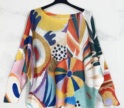 Multicolor Abstract  Round Knit Printed Sweater