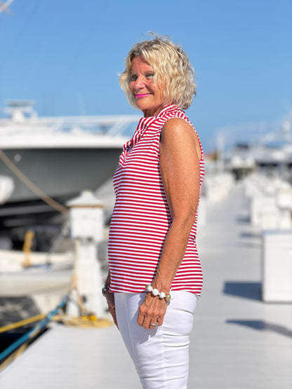 REGATTA RED STRIPE SLEEVELESS RUFFLE TOP