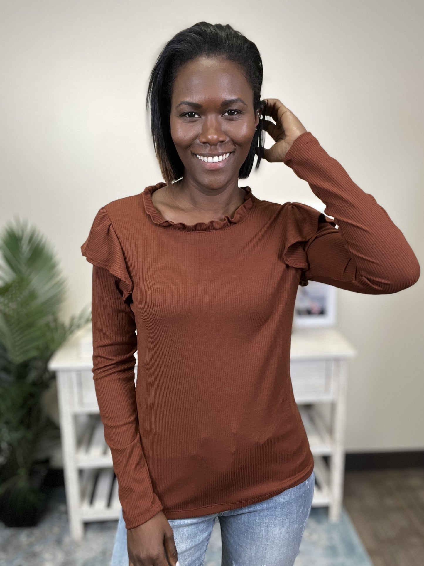 Ruffle Women's Ribbed Long Sleeve Top