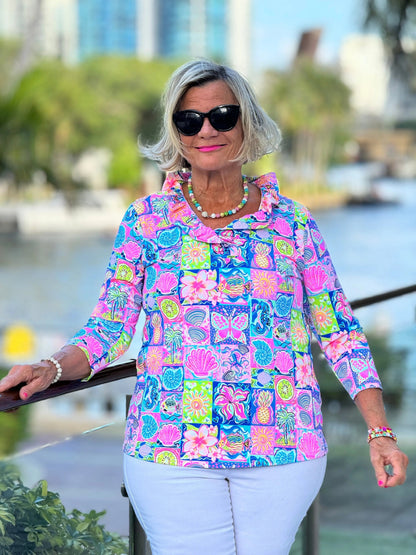 SANDY BEACH COLOR RUFFLE SLEEVE TOP