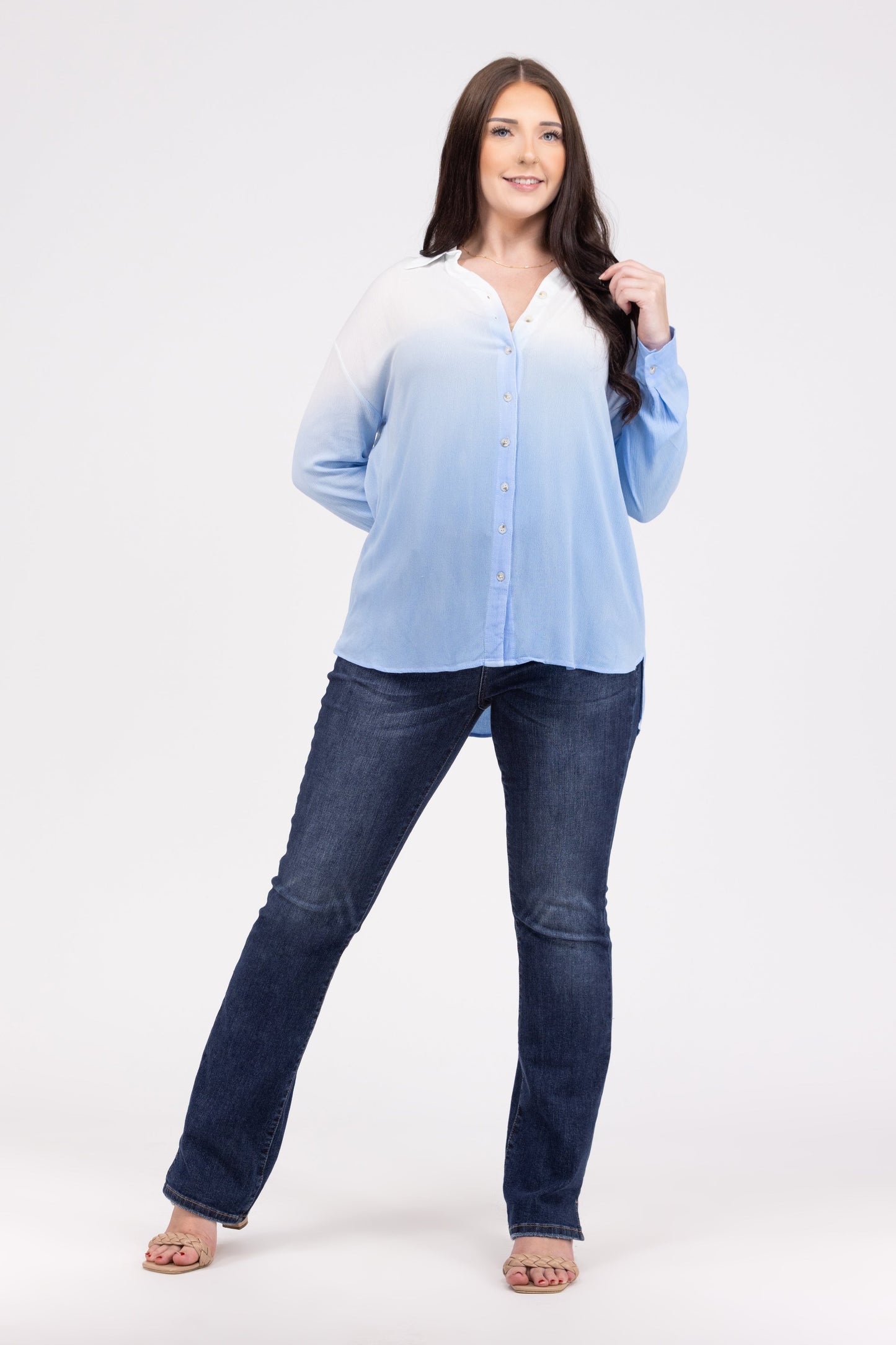 Take A Dip In The Ocean Women's Ombre Button Up Long Sleeve Top
