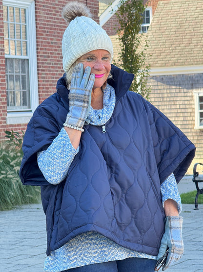 Quilted Short Sleeves Puffer Pullover Poncho Navy