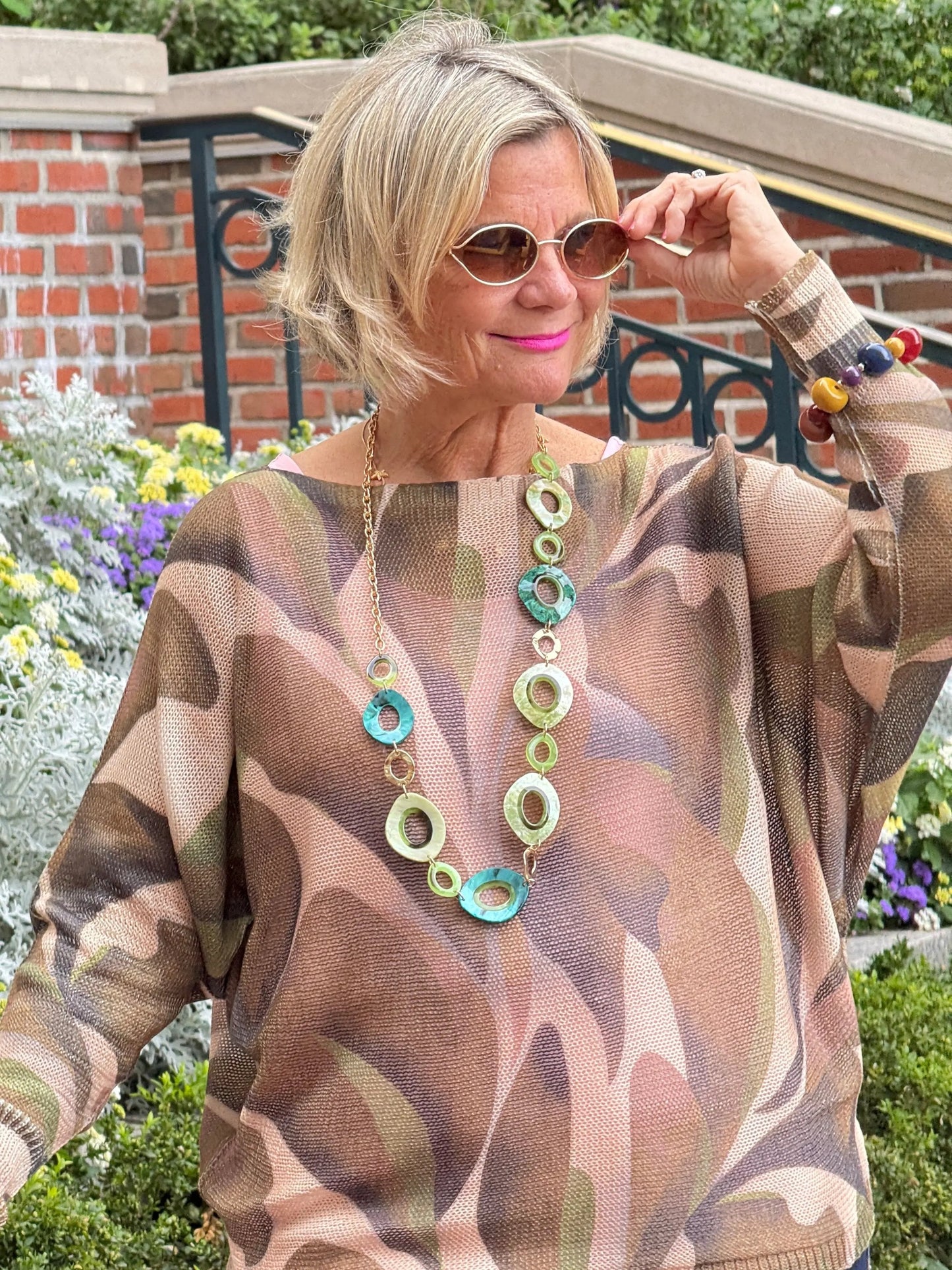 Olive Abstract Round Neck Knit Printed Sweater