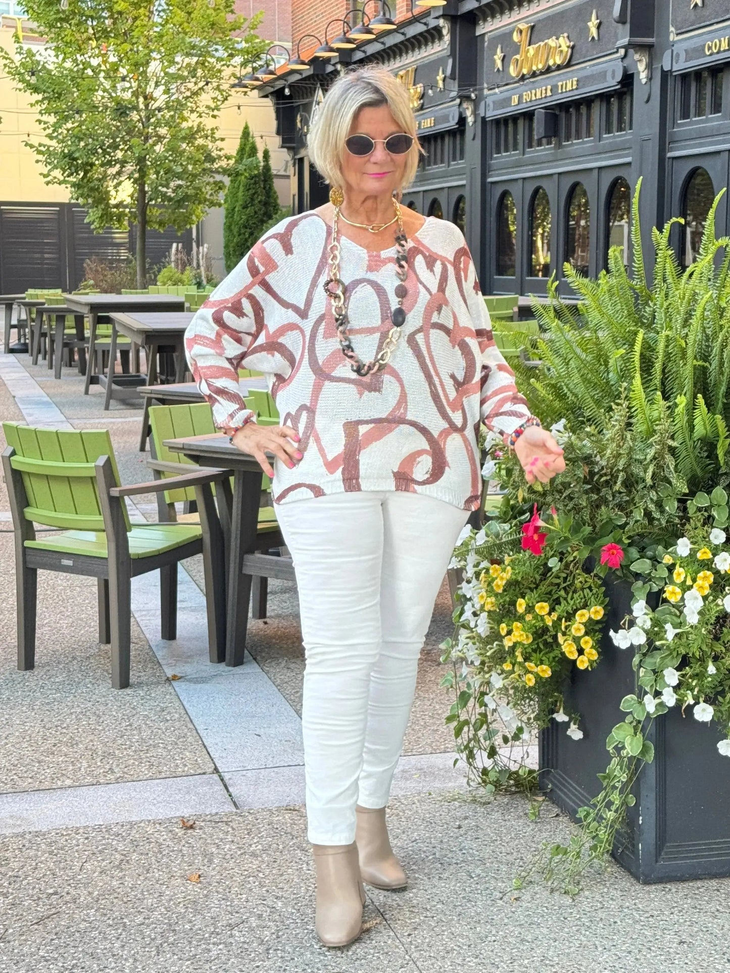 One Size Beige Heart Printed Knitted Sweater