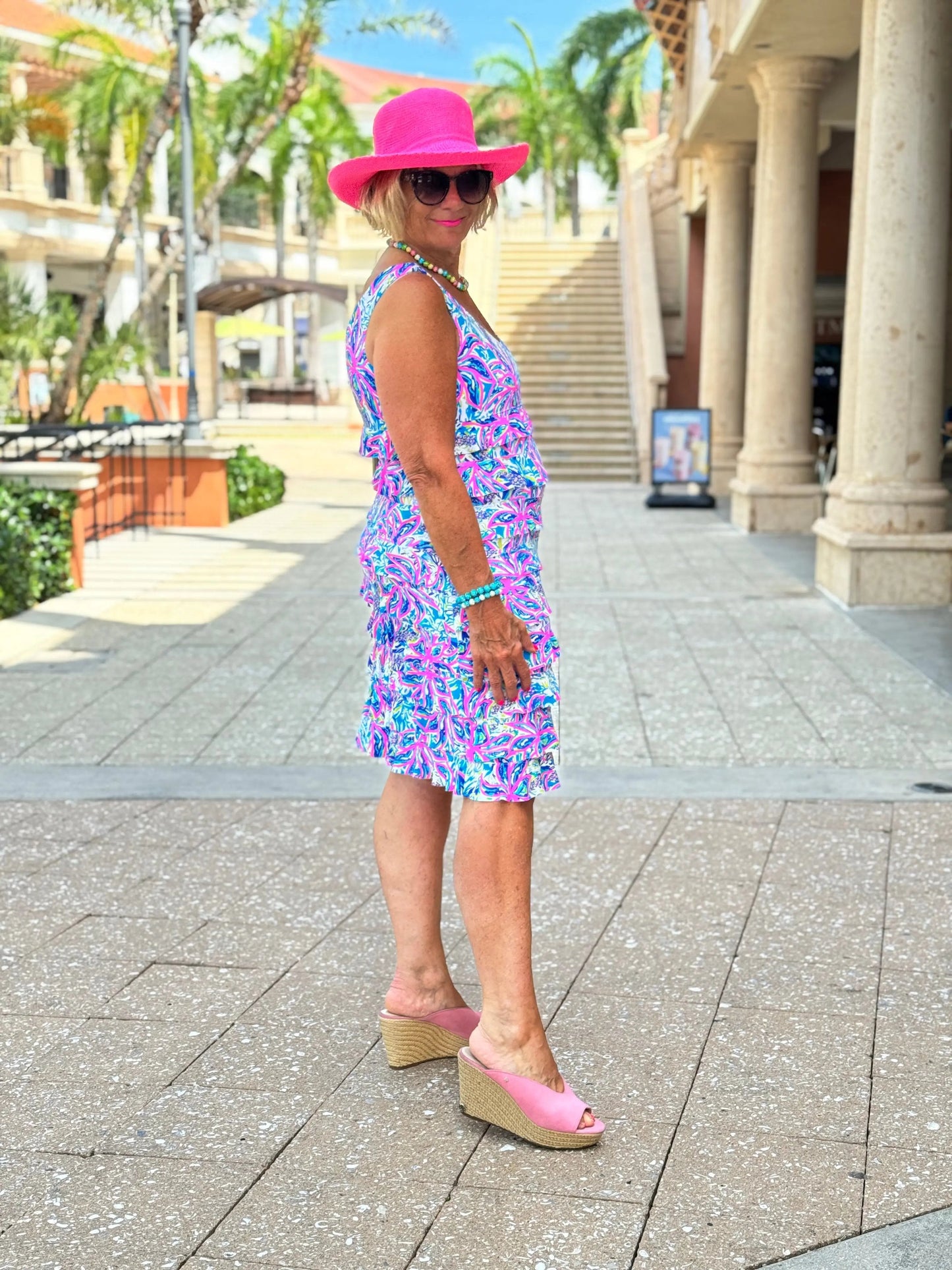 PINK PALM TREE LAYERED RUFFLE DRESS