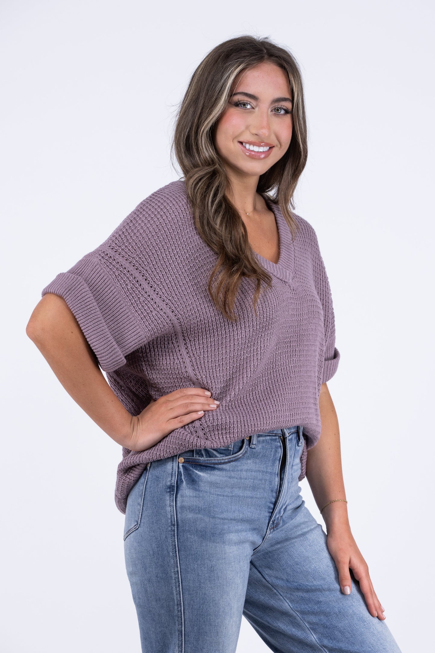 Muted Messages Women's Ribbed Knit Short Sleeve Sweater