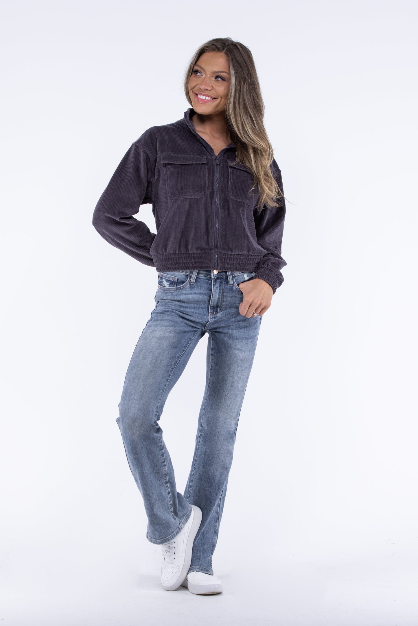 Doin It Right Women's Zip Up Cropped Corduroy Jacket