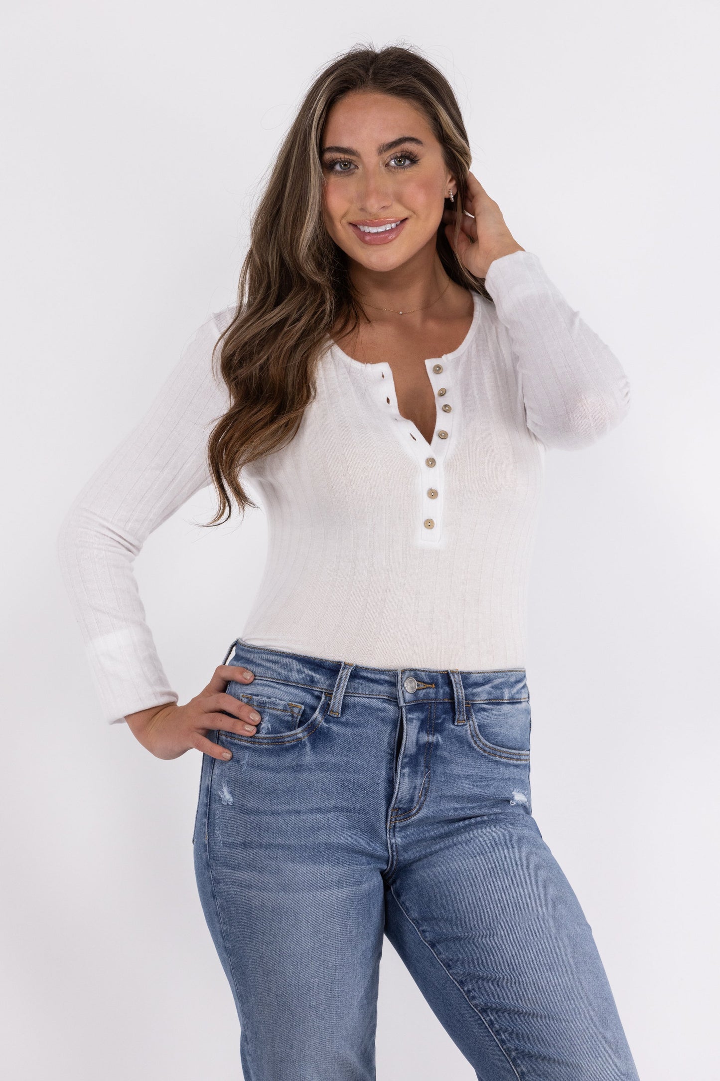 Make Your Choice Women's Half Button Down Ribbed Long Sleeve Top