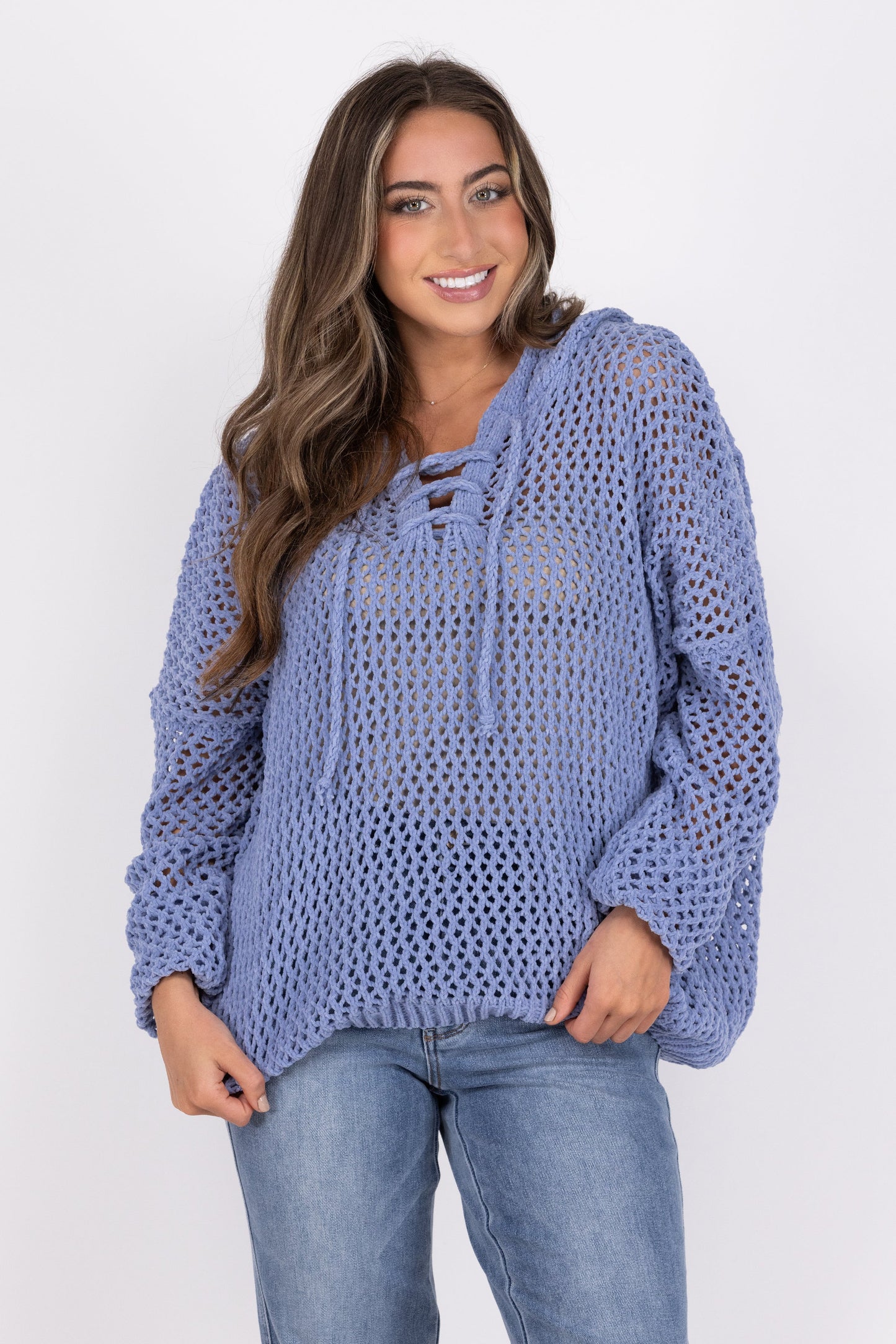 Lace up Women's Lightweight Open Knit Hooded Sweater