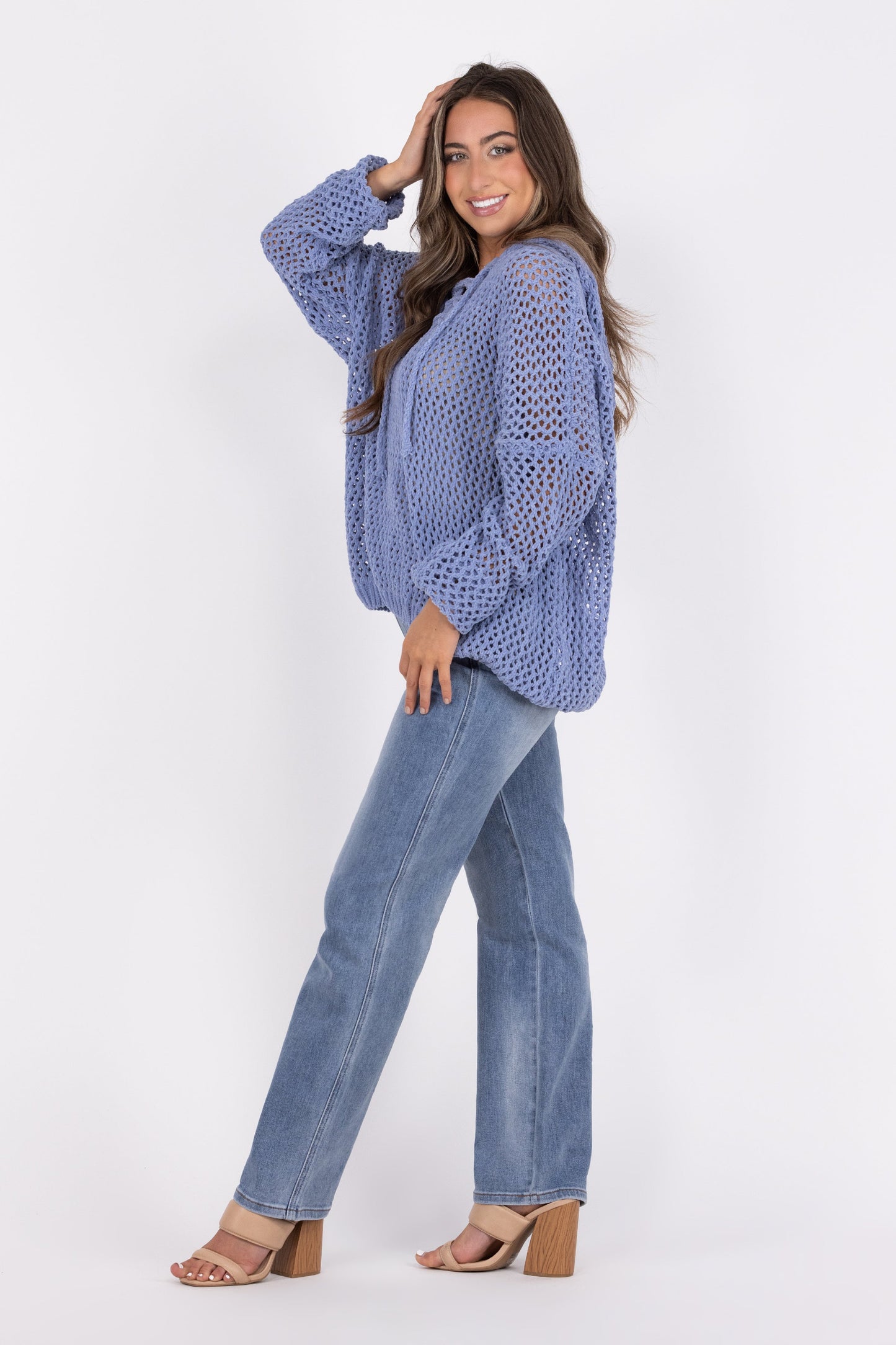 Lace up Women's Lightweight Open Knit Hooded Sweater