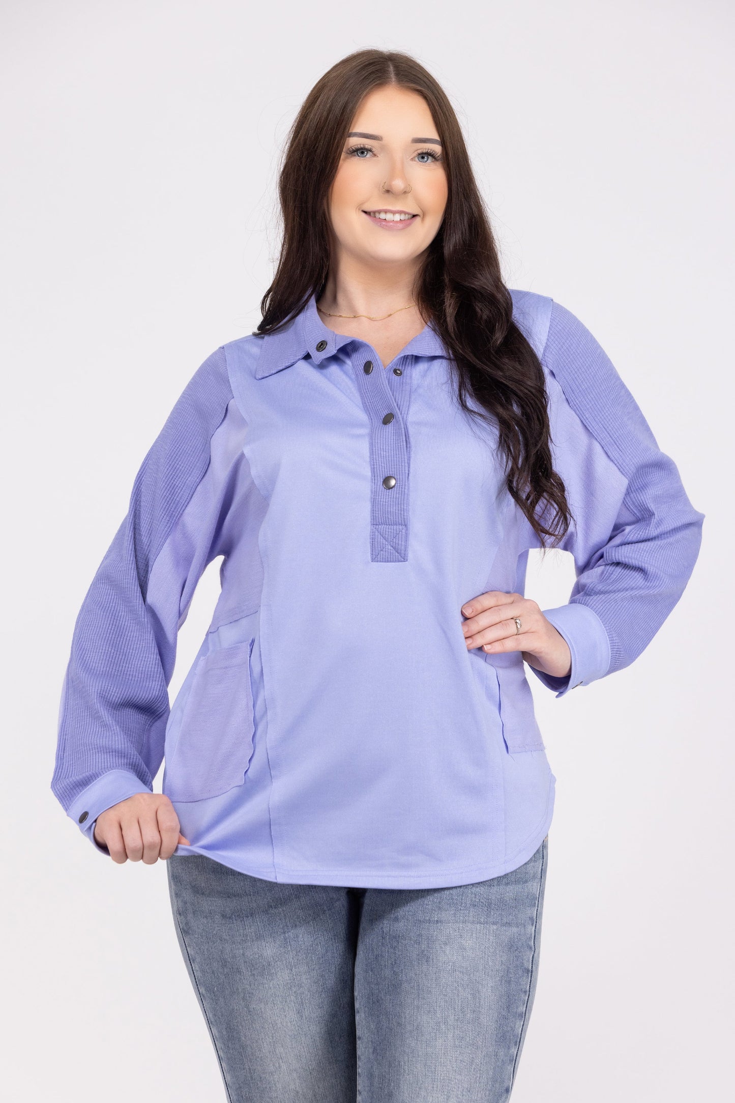 Pocketful Of Contrast Women's 1/2 Button Down Long Sleeve Top