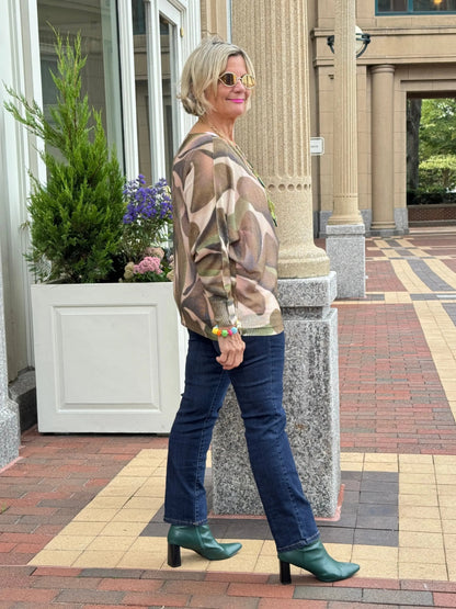 Olive Abstract Round Neck Knit Printed Sweater