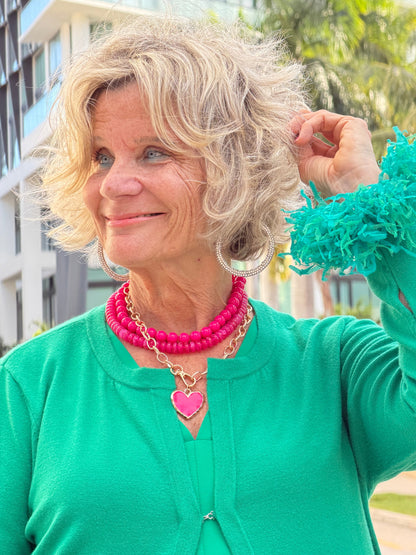 Pink Enamel Heart Pendant Accent Chunky Beaded Layered Statement Necklace