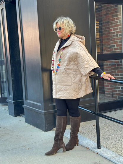 Oversize Quilted Puffer Hood Cape Poncho BEIGE