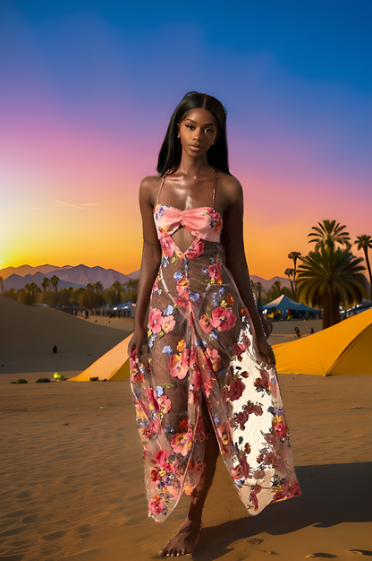 Coachella Dress Sexy Fashion Mesh Embroidered Perspective Suspender Dress
