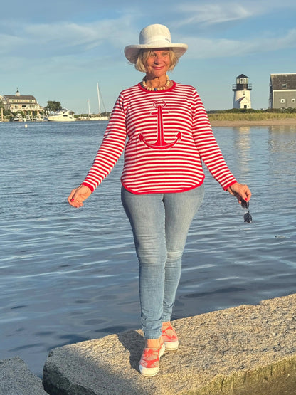 RED AND WHITE STRIPE ANCHOR SWEATER