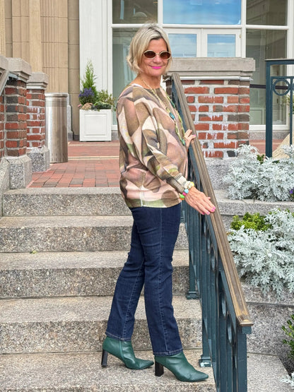 Olive Abstract Round Neck Knit Printed Sweater