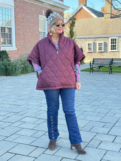 Quilted Short Sleeves Puffer Pullover Poncho Burgundy