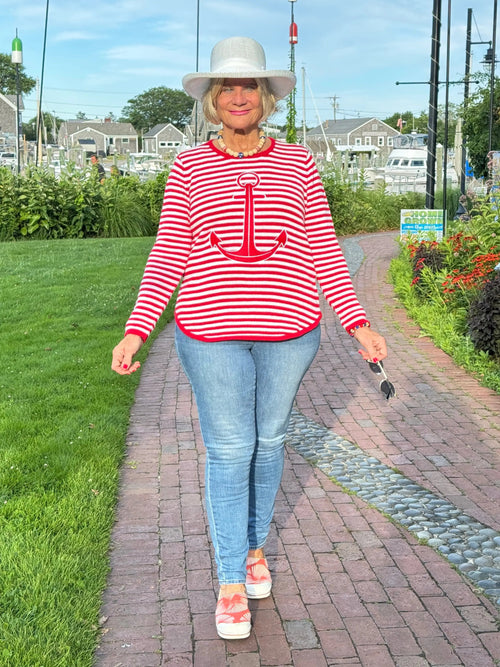 RED AND WHITE STRIPE ANCHOR SWEATER