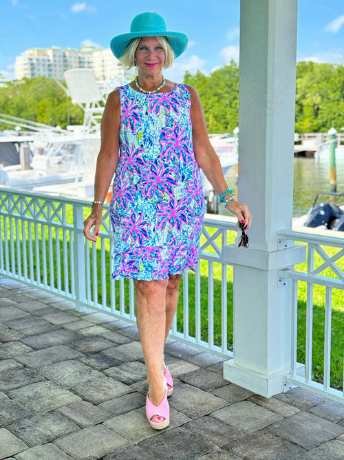 PINK PALM TREE  SHIFT RUFFLE DRESS