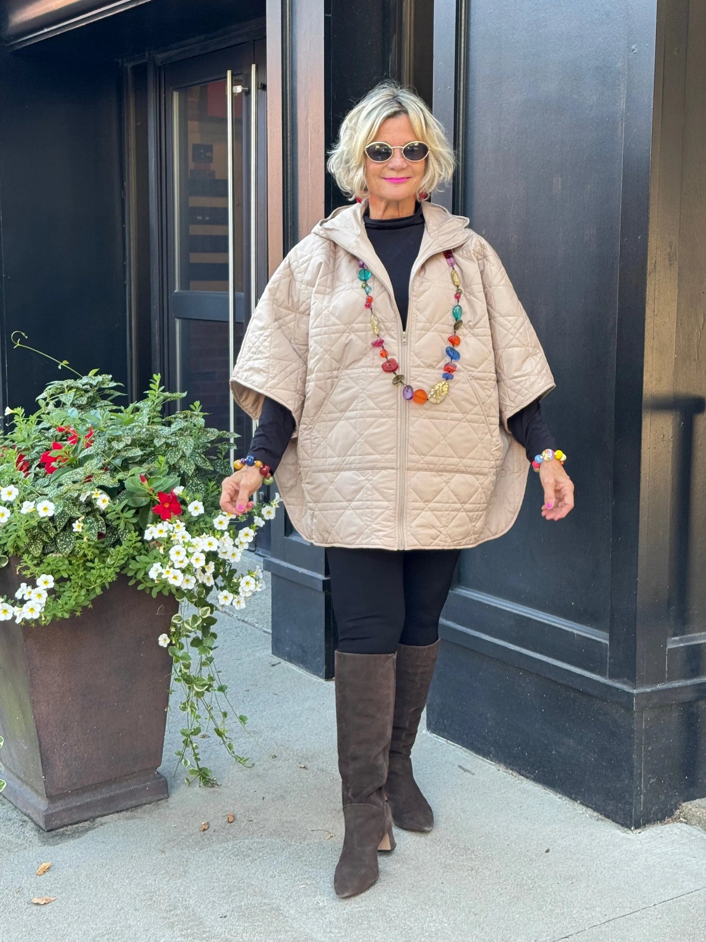 Oversize Quilted Puffer Hood Cape Poncho BEIGE