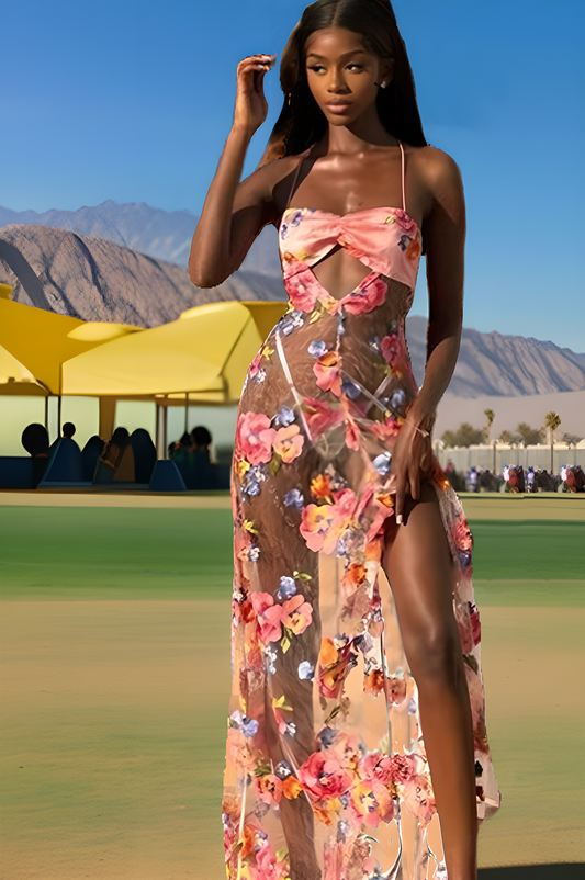Coachella Dress Sexy Fashion Mesh Embroidered Perspective Suspender Dress