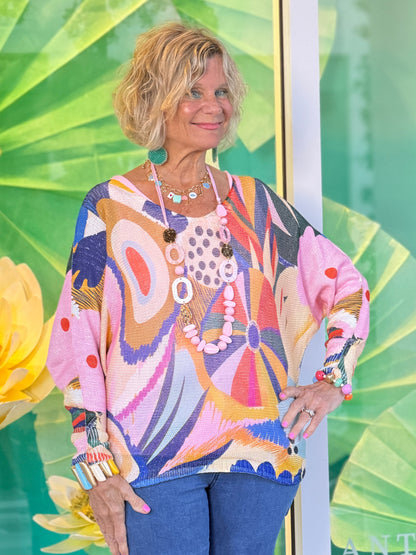 Multicolor Abstract  Round Knit Printed Sweater