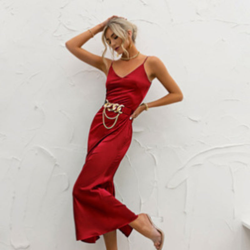 Corset Dress French Strap Dress Beautiful Autumn Dress Satin Drape V-neck Dress