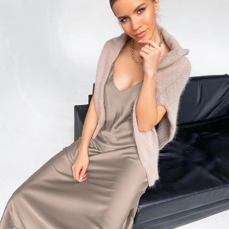 Corset Dress French Strap Dress Beautiful Autumn Dress Satin Drape V-neck Dress