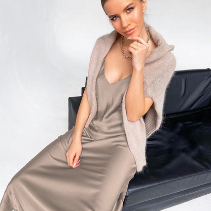 Corset Dress French Strap Dress Beautiful Autumn Dress Satin Drape V-neck Dress