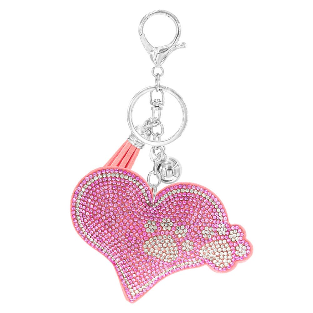 RHINESTONE HEART PAW KEYCHAIN WITH TASSEL,