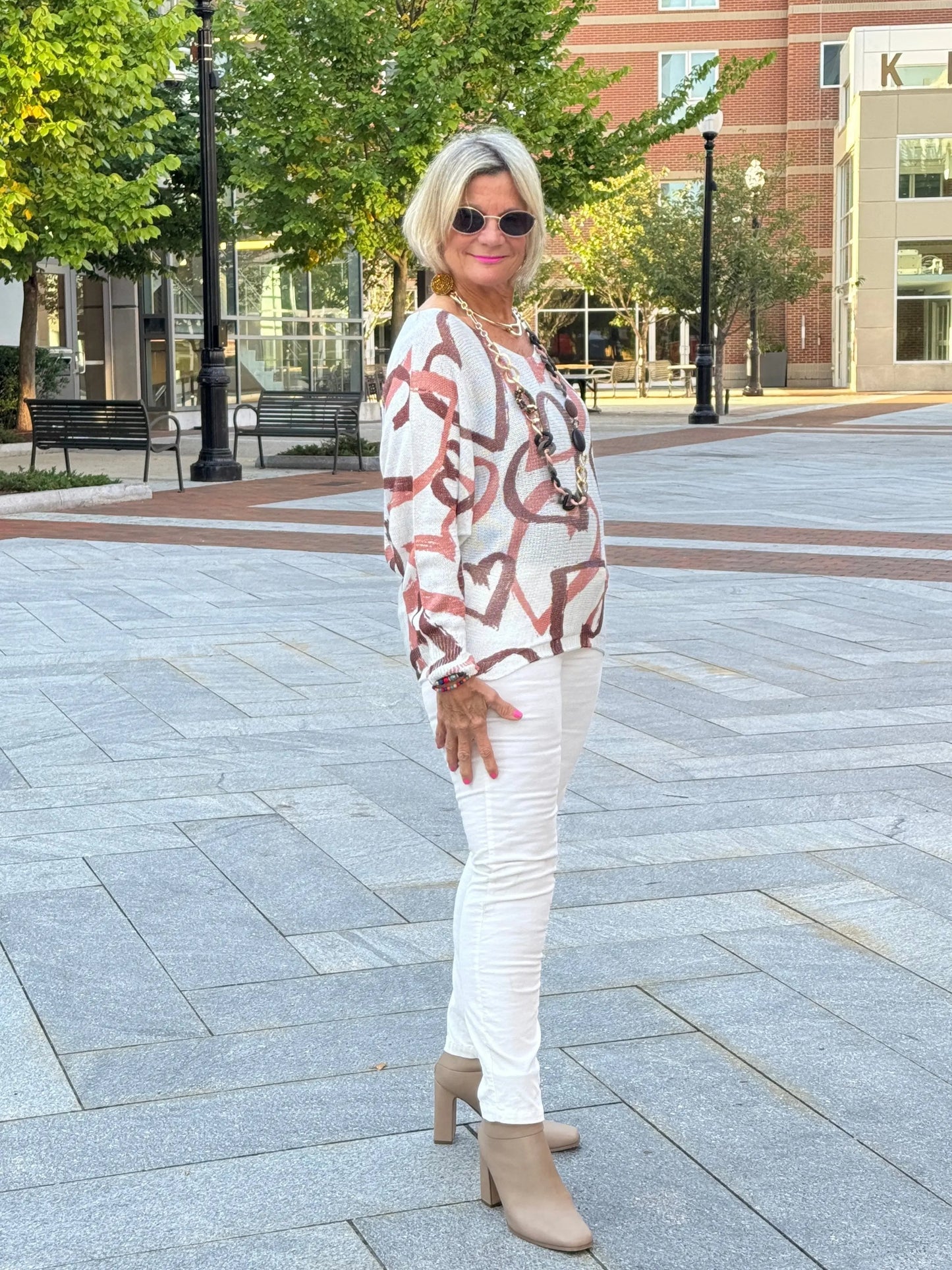 One Size Beige Heart Printed Knitted Sweater