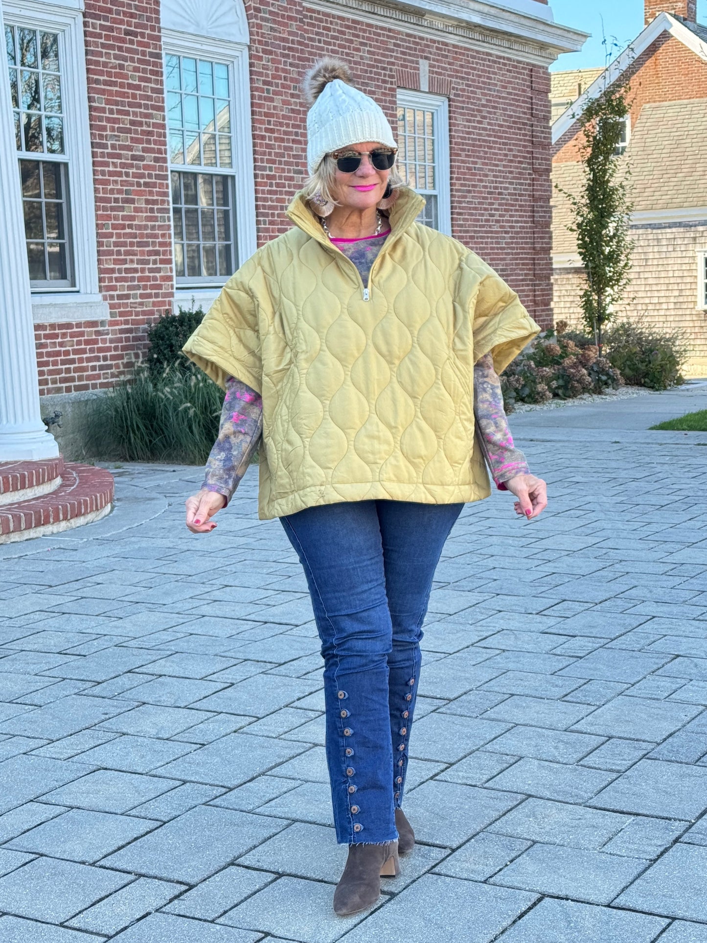Quilted Short Sleeves Puffer Pullover Poncho Mustard