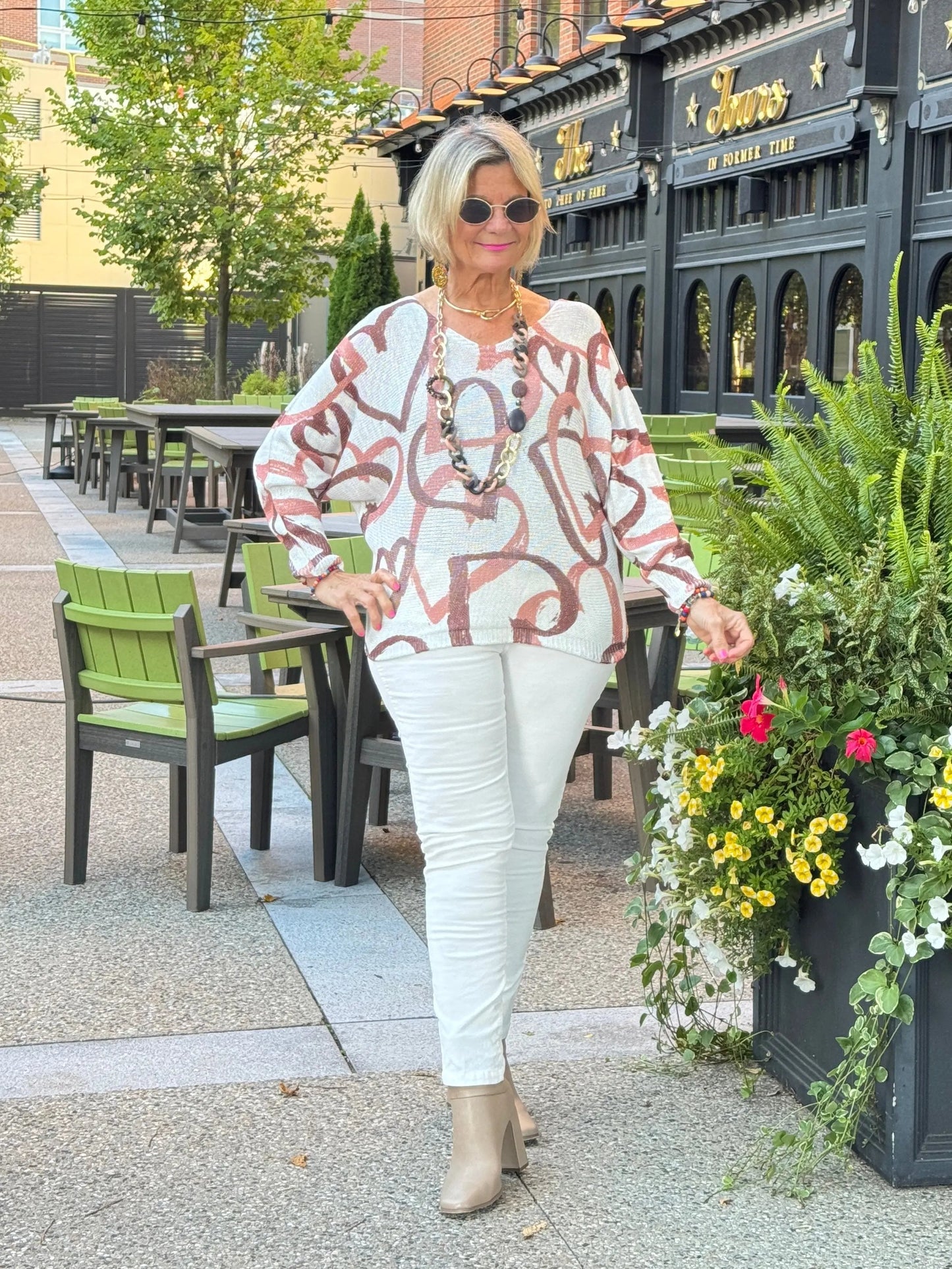 One Size Beige Heart Printed Knitted Sweater